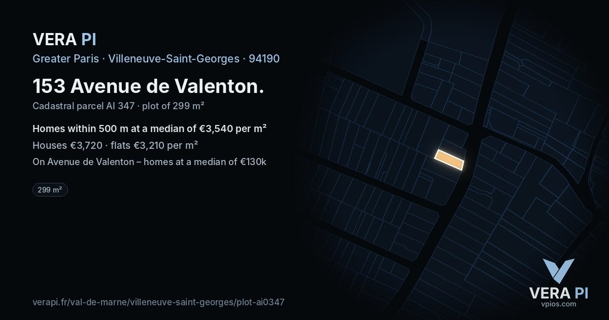 153 Avenue de Valenton, Villeneuve-Saint-Georges at night – the plot lit, the parcels around coloured by the prices near them