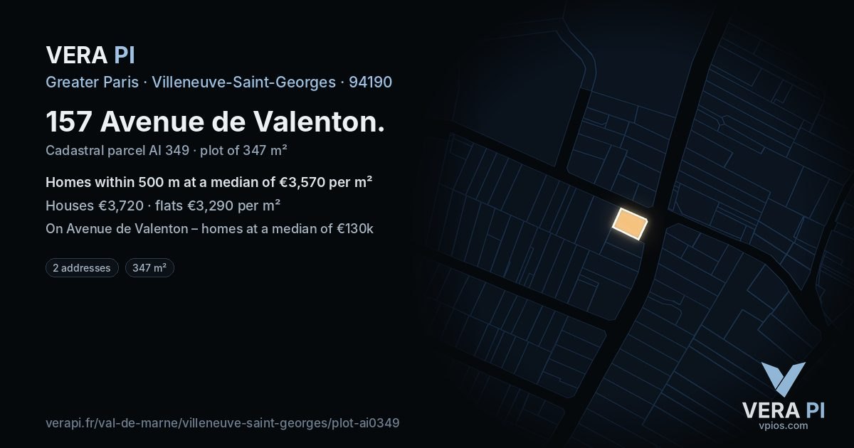 157 Avenue de Valenton, Villeneuve-Saint-Georges at night – the plot lit, the parcels around coloured by the prices near them