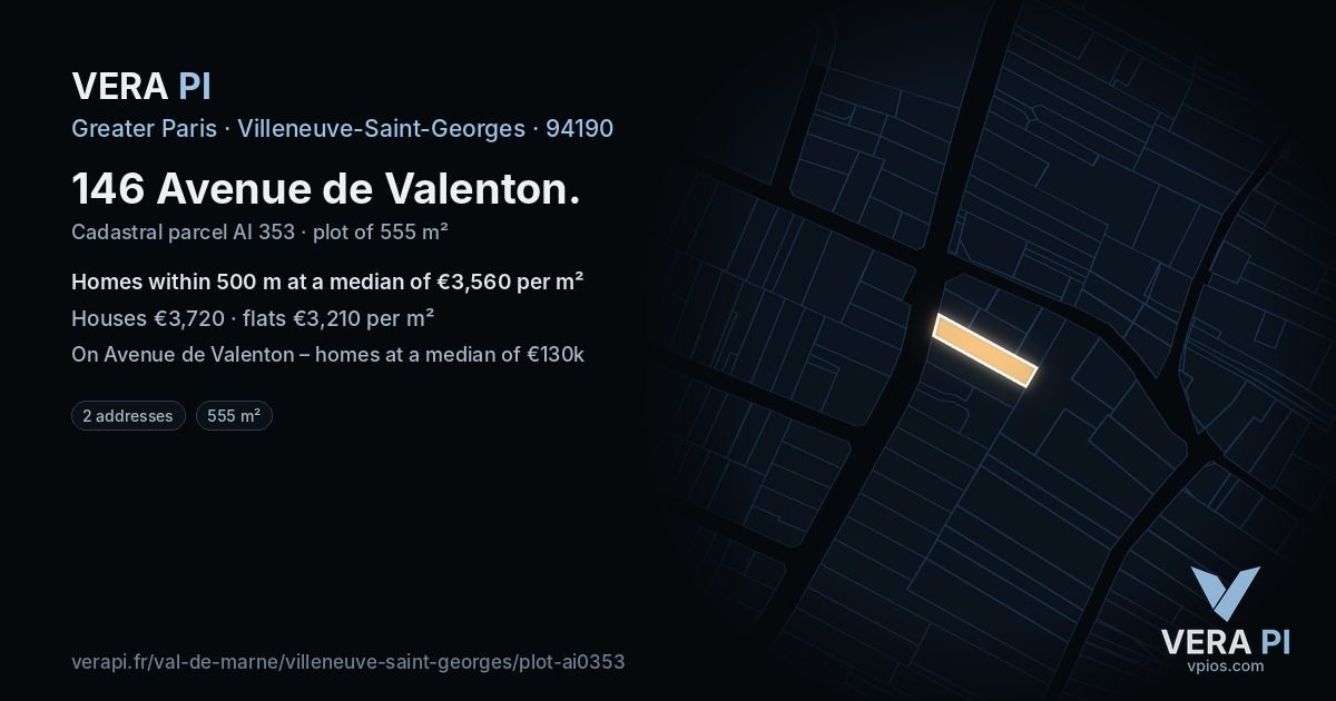 146 Avenue de Valenton, Villeneuve-Saint-Georges at night – the plot lit, the parcels around coloured by the prices near them