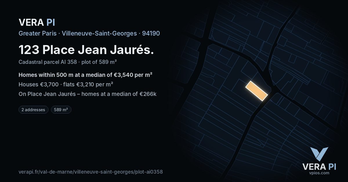 123 Place Jean Jaurés, Villeneuve-Saint-Georges at night – the plot lit, the parcels around coloured by the prices near them