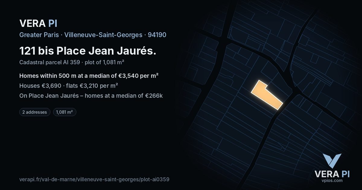 121 bis Place Jean Jaurés, Villeneuve-Saint-Georges at night – the plot lit, the parcels around coloured by the prices near them