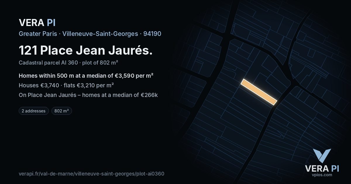 121 Place Jean Jaurés, Villeneuve-Saint-Georges at night – the plot lit, the parcels around coloured by the prices near them
