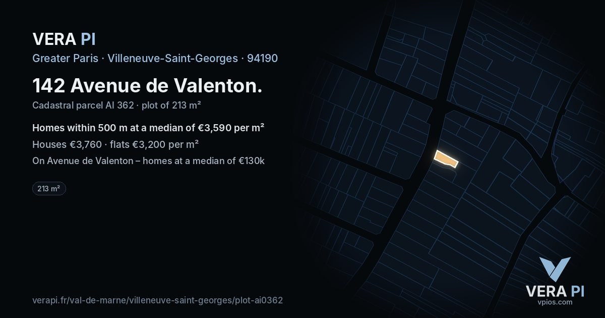142 Avenue de Valenton, Villeneuve-Saint-Georges at night – the plot lit, the parcels around coloured by the prices near them