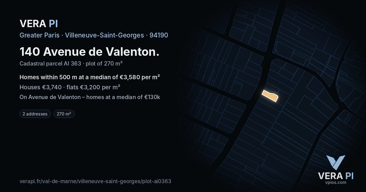 140 Avenue de Valenton, Villeneuve-Saint-Georges at night – the plot lit, the parcels around coloured by the prices near them