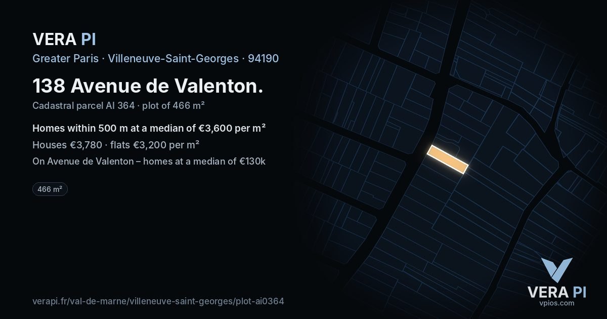 138 Avenue de Valenton, Villeneuve-Saint-Georges at night – the plot lit, the parcels around coloured by the prices near them