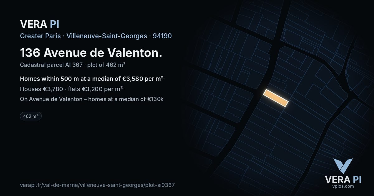 136 Avenue de Valenton, Villeneuve-Saint-Georges at night – the plot lit, the parcels around coloured by the prices near them