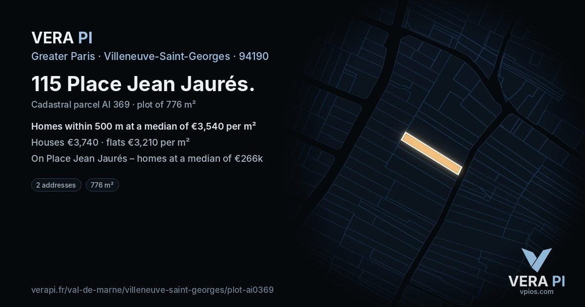 115 Place Jean Jaurés, Villeneuve-Saint-Georges at night – the plot lit, the parcels around coloured by the prices near them