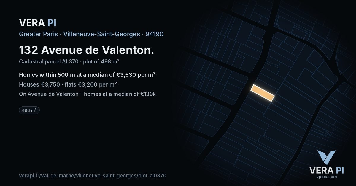 132 Avenue de Valenton, Villeneuve-Saint-Georges at night – the plot lit, the parcels around coloured by the prices near them