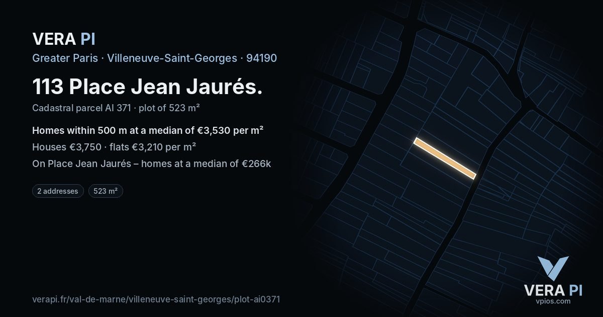 113 Place Jean Jaurés, Villeneuve-Saint-Georges at night – the plot lit, the parcels around coloured by the prices near them