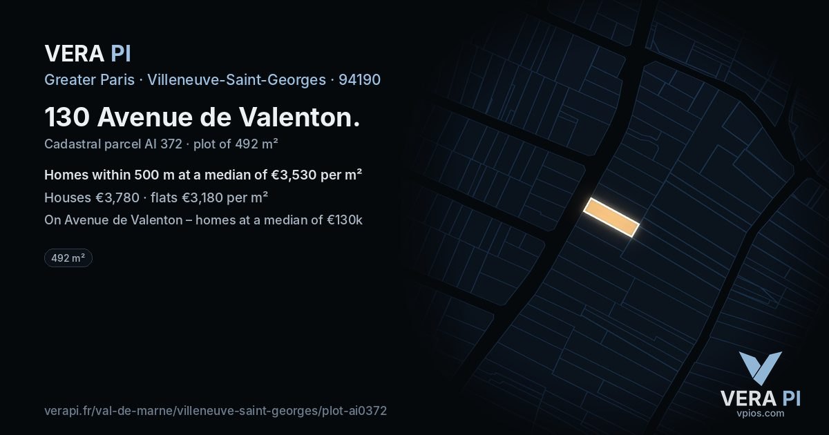130 Avenue de Valenton, Villeneuve-Saint-Georges at night – the plot lit, the parcels around coloured by the prices near them