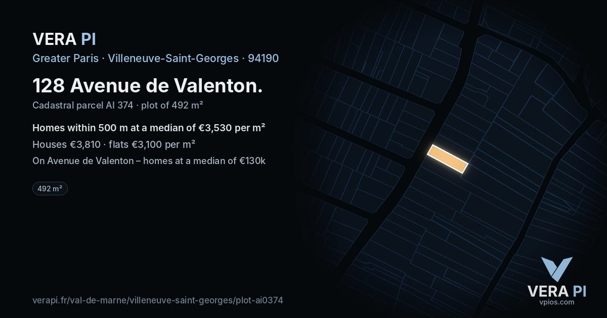 128 Avenue de Valenton, Villeneuve-Saint-Georges at night – the plot lit, the parcels around coloured by the prices near them