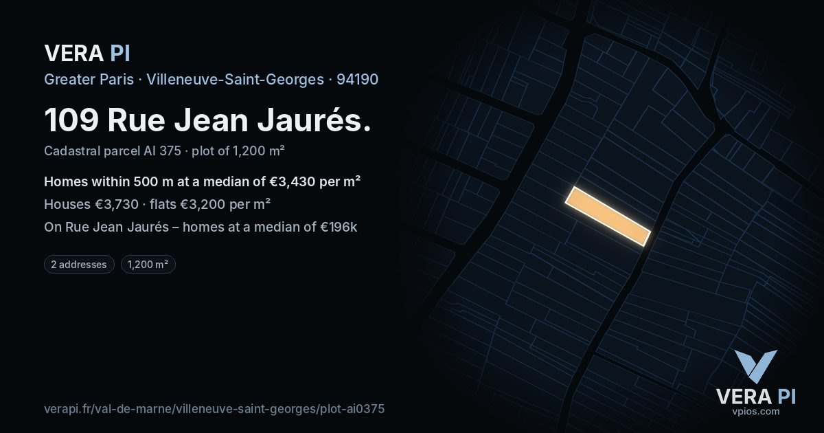 109 Rue Jean Jaurés, Villeneuve-Saint-Georges at night – the plot lit, the parcels around coloured by the prices near them