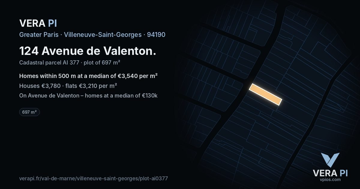 124 Avenue de Valenton, Villeneuve-Saint-Georges at night – the plot lit, the parcels around coloured by the prices near them