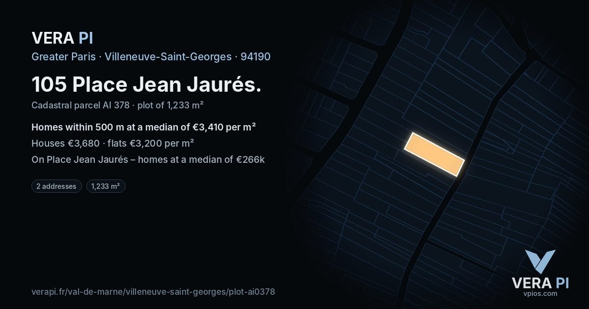 105 Place Jean Jaurés, Villeneuve-Saint-Georges at night – the plot lit, the parcels around coloured by the prices near them