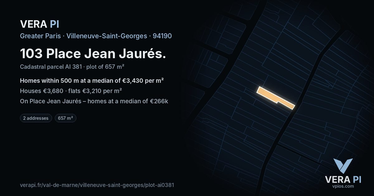103 Place Jean Jaurés, Villeneuve-Saint-Georges at night – the plot lit, the parcels around coloured by the prices near them
