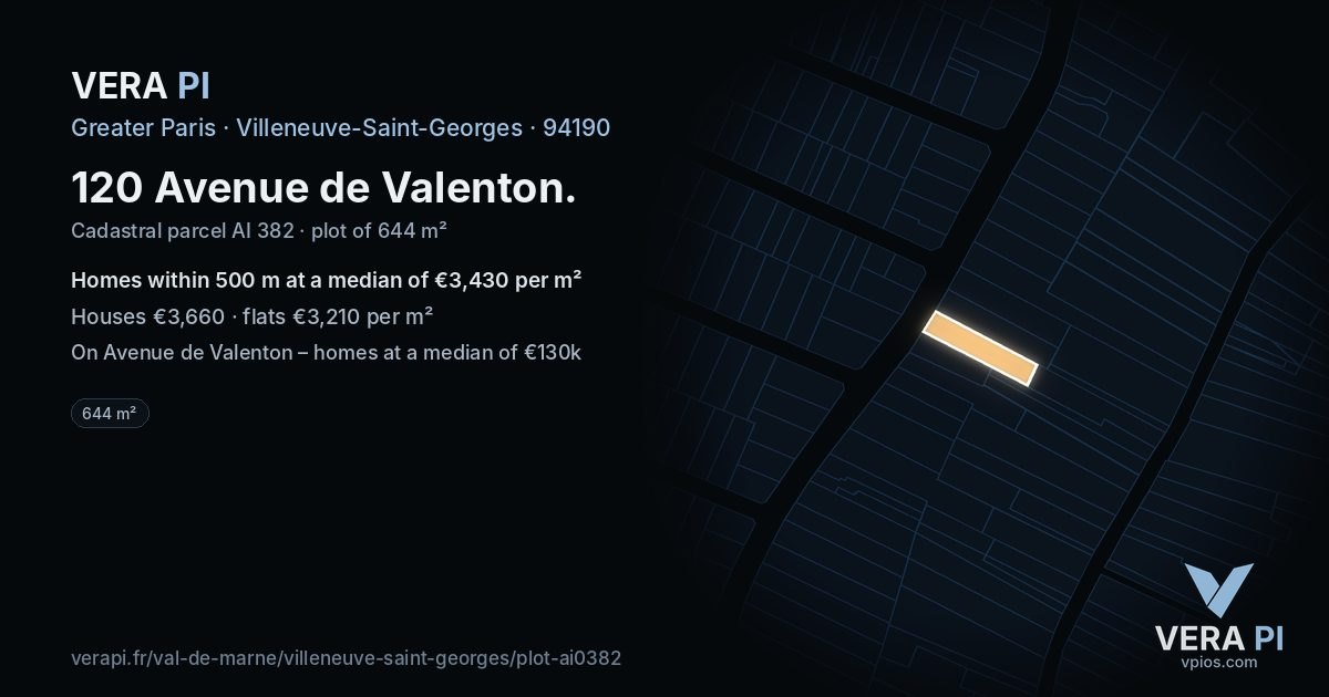 120 Avenue de Valenton, Villeneuve-Saint-Georges at night – the plot lit, the parcels around coloured by the prices near them