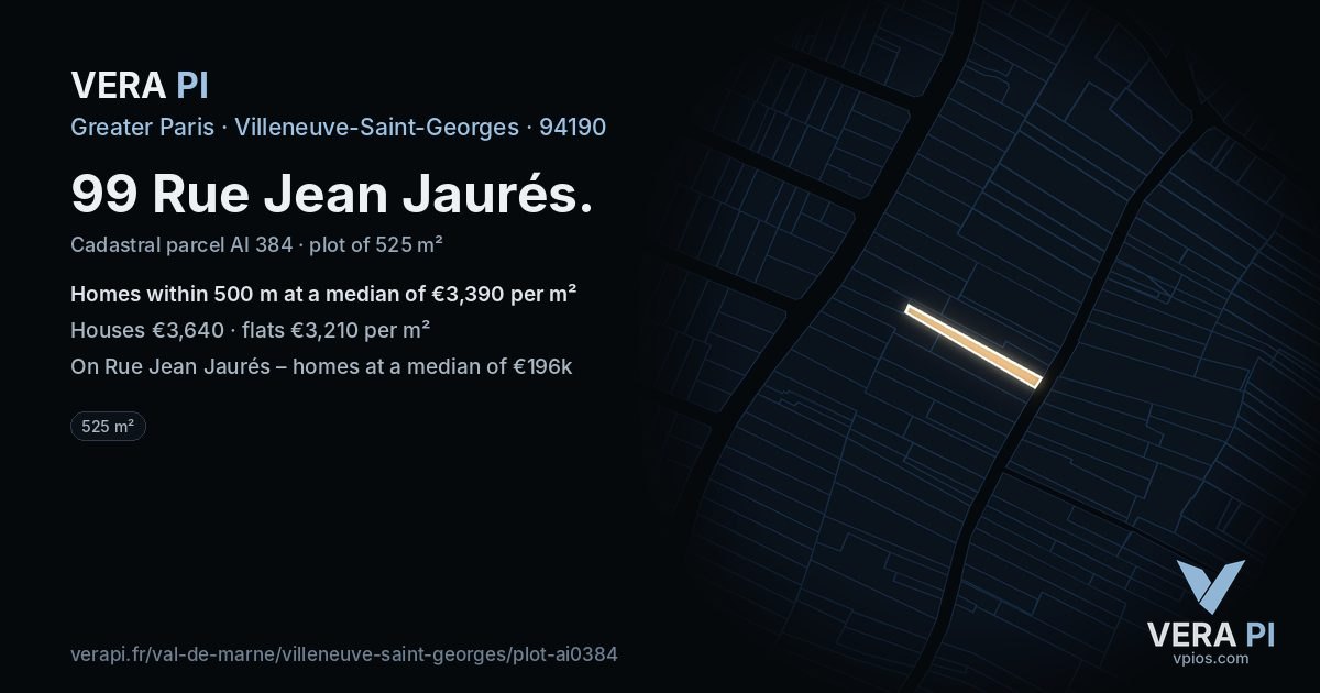 99 Rue Jean Jaurés, Villeneuve-Saint-Georges at night – the plot lit, the parcels around coloured by the prices near them