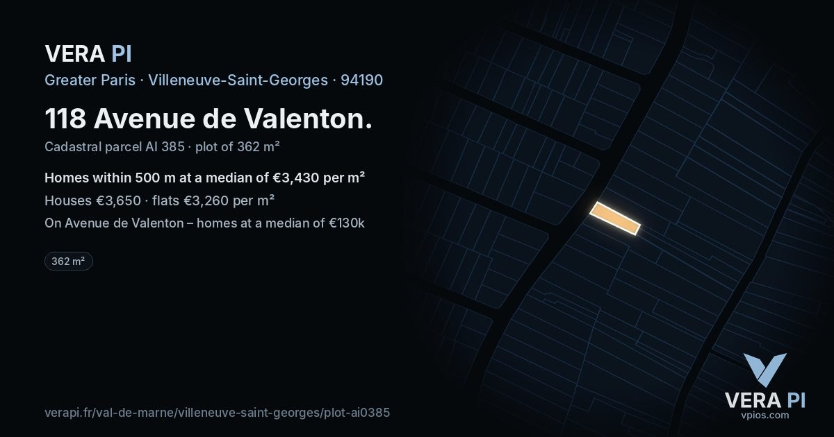 118 Avenue de Valenton, Villeneuve-Saint-Georges at night – the plot lit, the parcels around coloured by the prices near them
