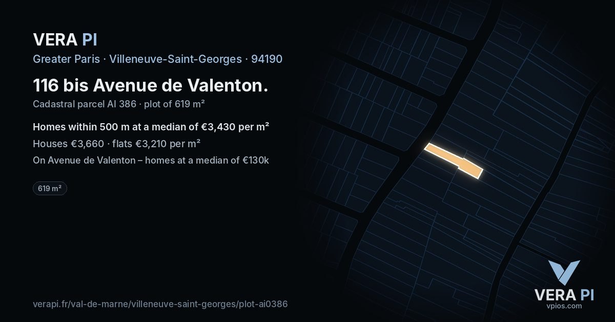 116 bis Avenue de Valenton, Villeneuve-Saint-Georges at night – the plot lit, the parcels around coloured by the prices near them