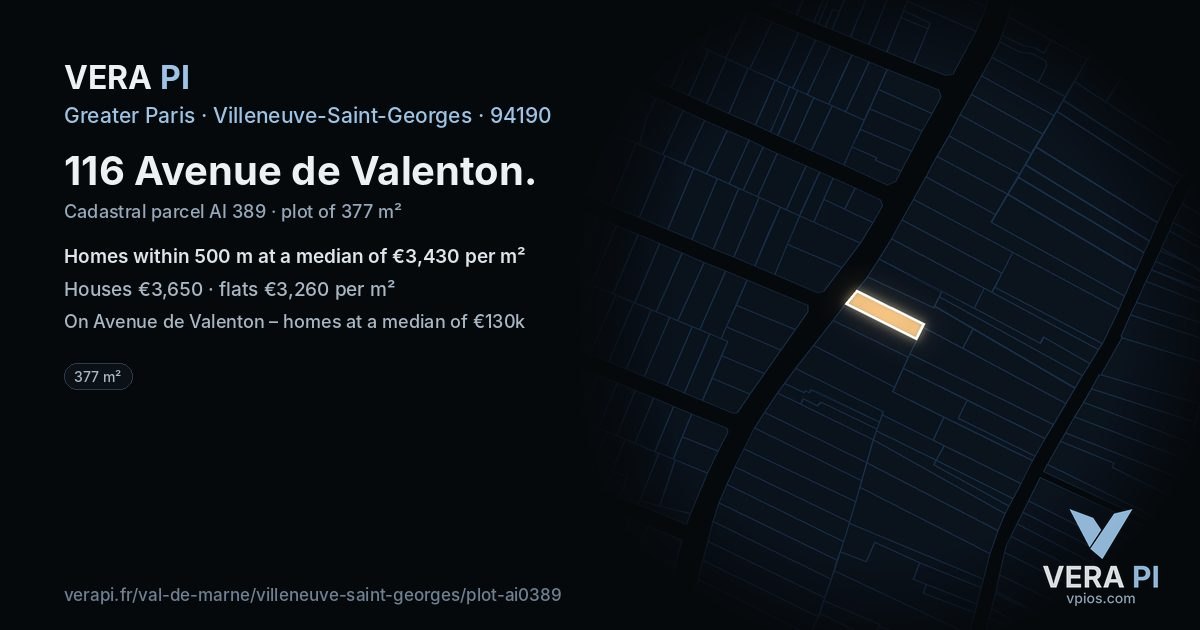 116 Avenue de Valenton, Villeneuve-Saint-Georges at night – the plot lit, the parcels around coloured by the prices near them