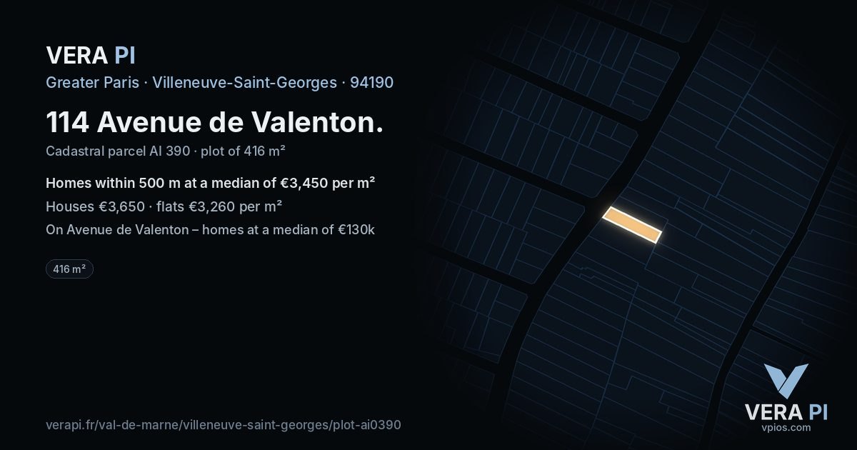 114 Avenue de Valenton, Villeneuve-Saint-Georges at night – the plot lit, the parcels around coloured by the prices near them