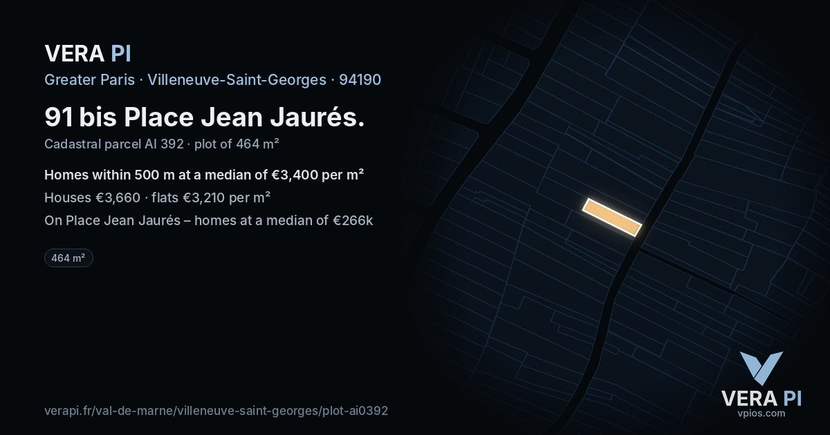 91 bis Place Jean Jaurés, Villeneuve-Saint-Georges at night – the plot lit, the parcels around coloured by the prices near them