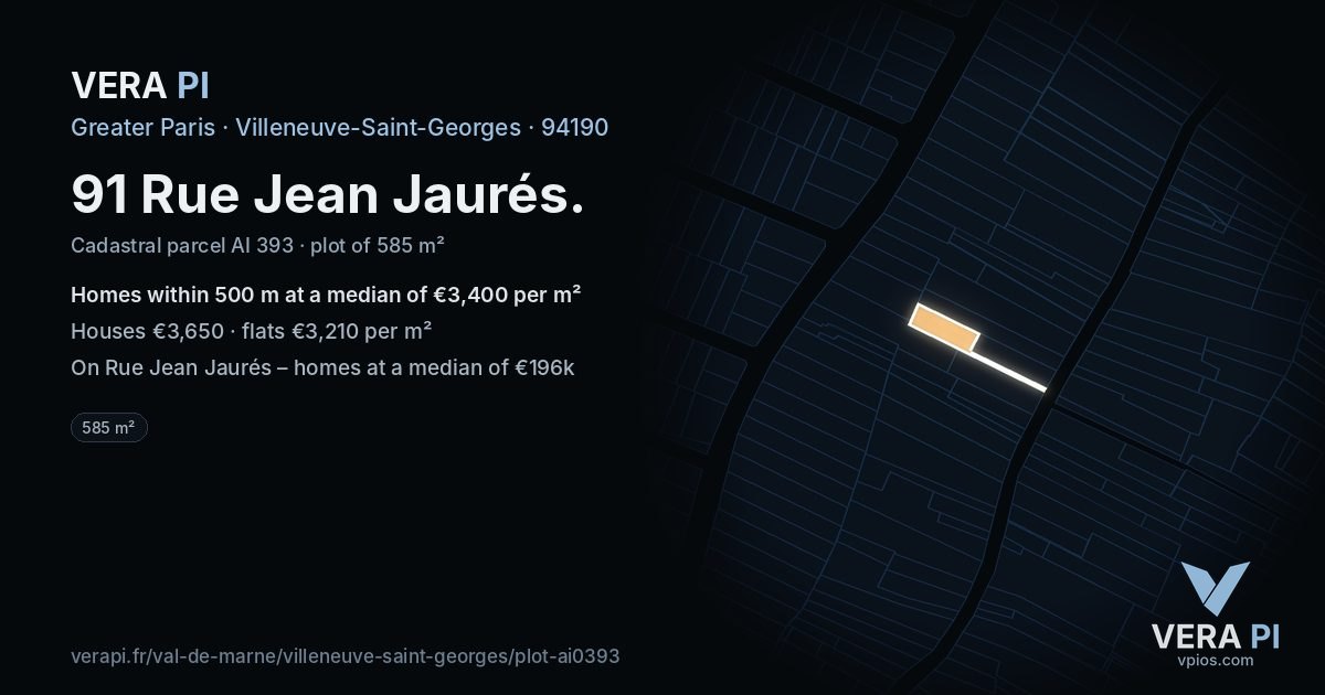 91 Rue Jean Jaurés, Villeneuve-Saint-Georges at night – the plot lit, the parcels around coloured by the prices near them