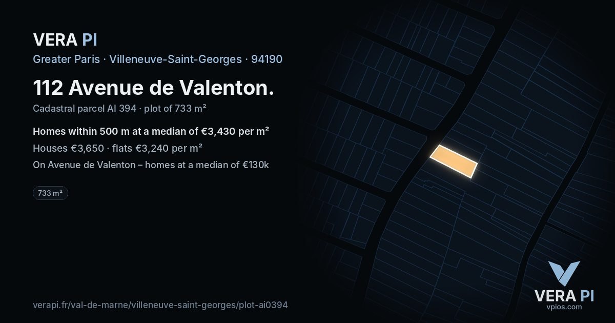 112 Avenue de Valenton, Villeneuve-Saint-Georges at night – the plot lit, the parcels around coloured by the prices near them