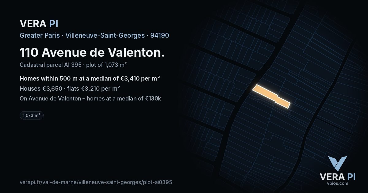 110 Avenue de Valenton, Villeneuve-Saint-Georges at night – the plot lit, the parcels around coloured by the prices near them