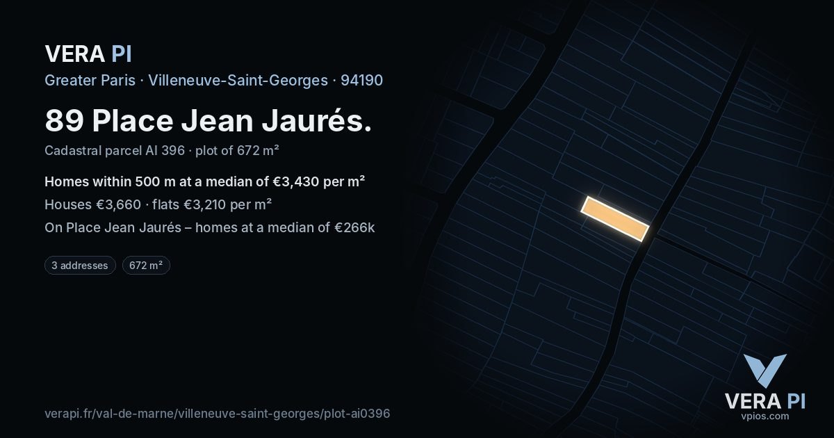 89 Place Jean Jaurés, Villeneuve-Saint-Georges at night – the plot lit, the parcels around coloured by the prices near them