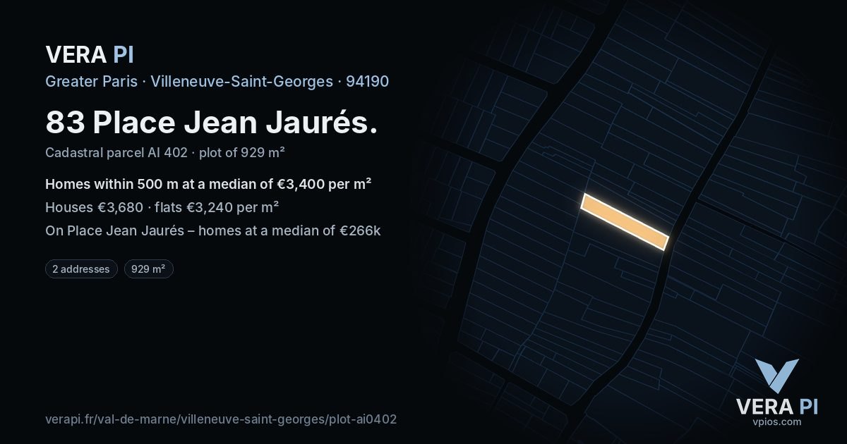 83 Place Jean Jaurés, Villeneuve-Saint-Georges at night – the plot lit, the parcels around coloured by the prices near them