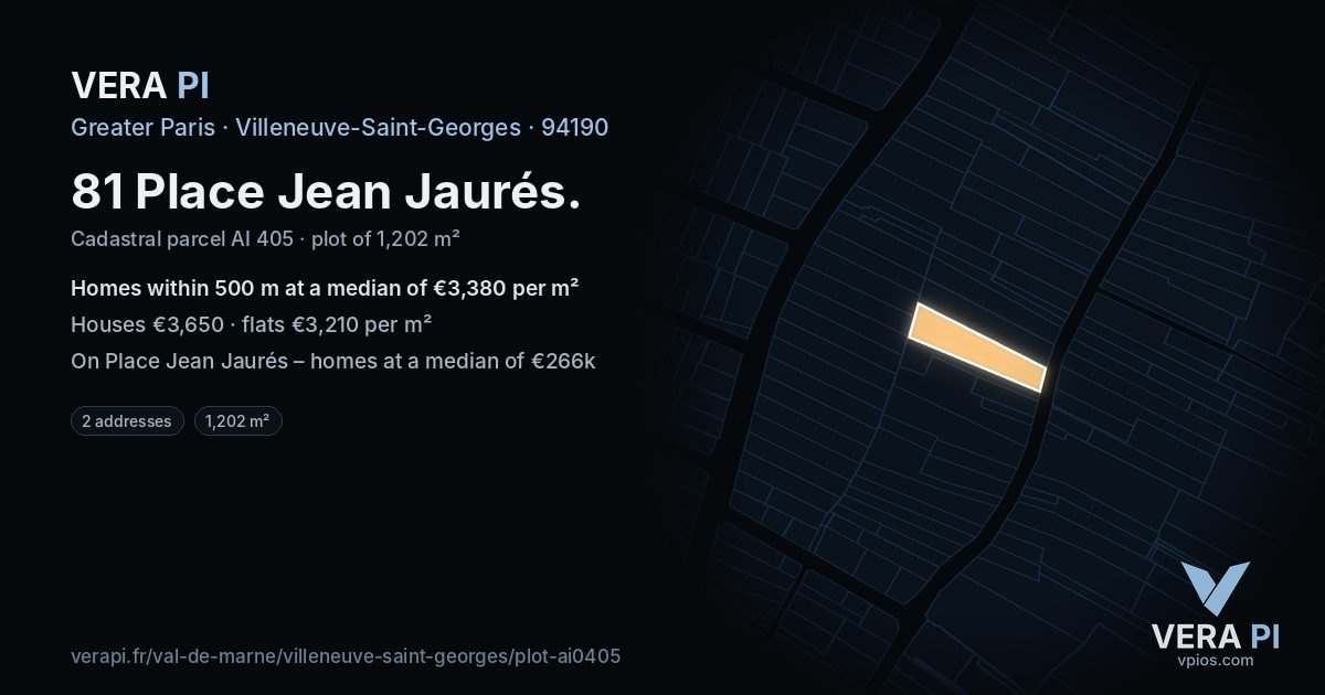 81 Place Jean Jaurés, Villeneuve-Saint-Georges at night – the plot lit, the parcels around coloured by the prices near them