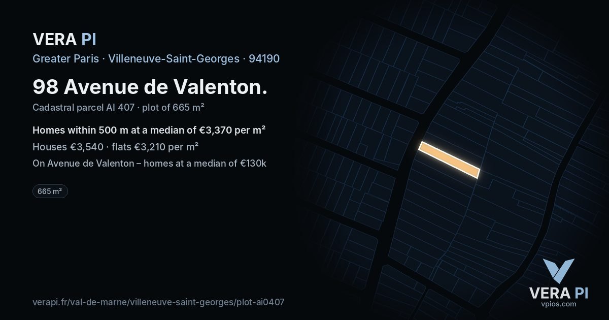 98 Avenue de Valenton, Villeneuve-Saint-Georges at night – the plot lit, the parcels around coloured by the prices near them