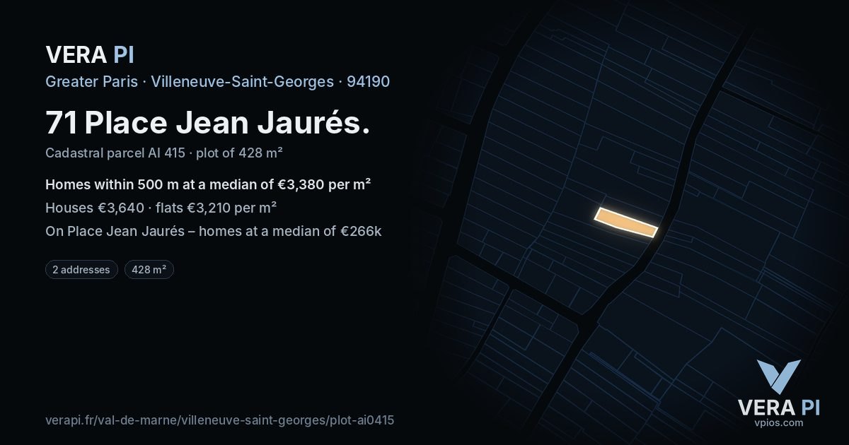 71 Place Jean Jaurés, Villeneuve-Saint-Georges at night – the plot lit, the parcels around coloured by the prices near them