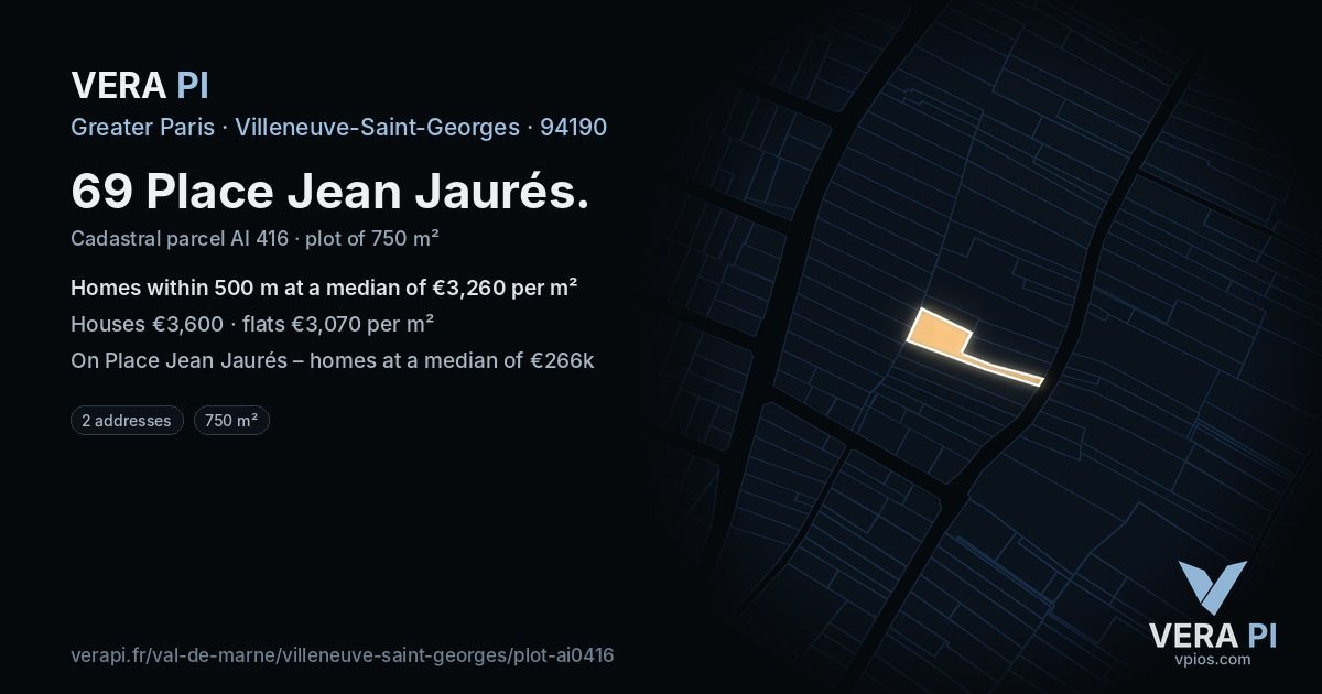 69 Place Jean Jaurés, Villeneuve-Saint-Georges at night – the plot lit, the parcels around coloured by the prices near them