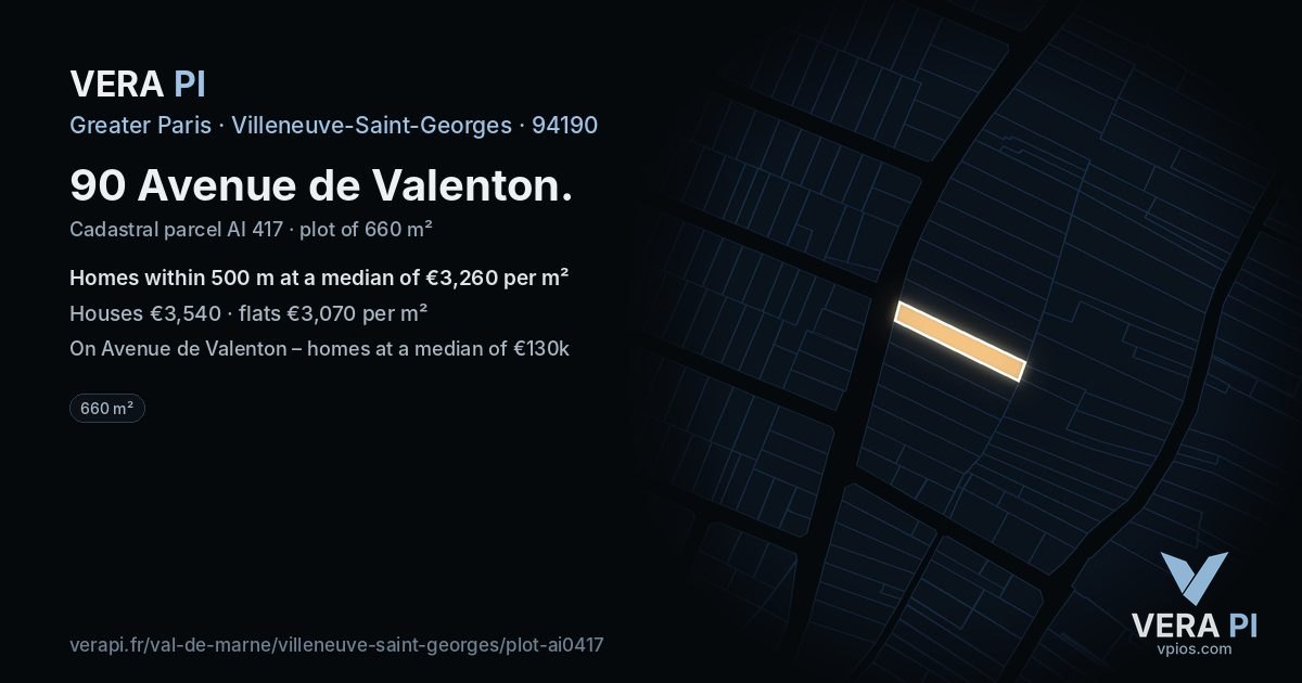 90 Avenue de Valenton, Villeneuve-Saint-Georges at night – the plot lit, the parcels around coloured by the prices near them