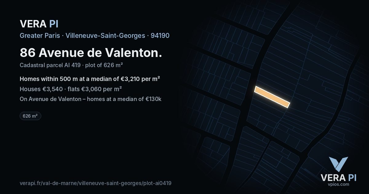 86 Avenue de Valenton, Villeneuve-Saint-Georges at night – the plot lit, the parcels around coloured by the prices near them