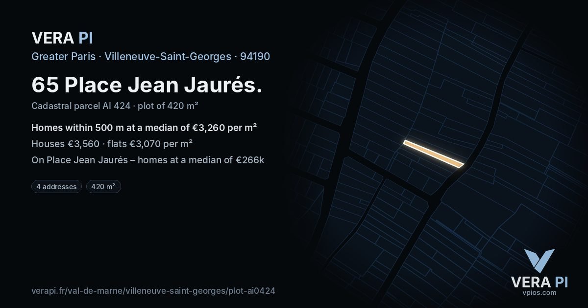 65 Place Jean Jaurés, Villeneuve-Saint-Georges at night – the plot lit, the parcels around coloured by the prices near them
