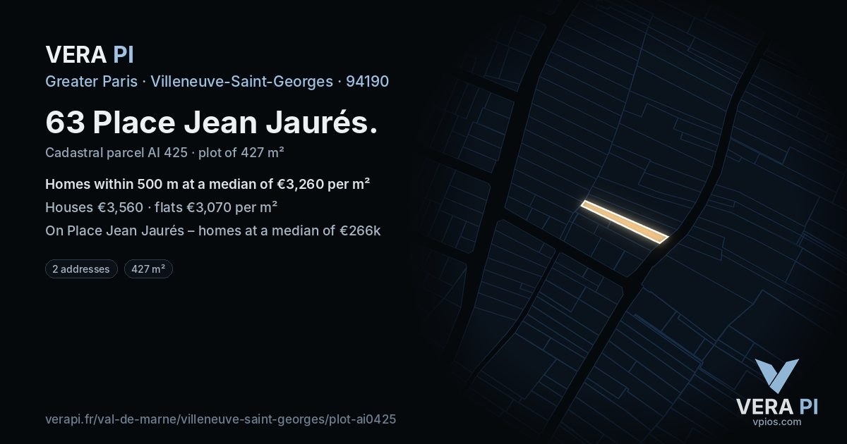63 Place Jean Jaurés, Villeneuve-Saint-Georges at night – the plot lit, the parcels around coloured by the prices near them