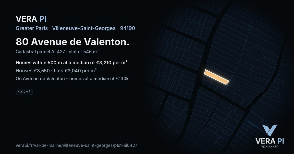 80 Avenue de Valenton, Villeneuve-Saint-Georges at night – the plot lit, the parcels around coloured by the prices near them