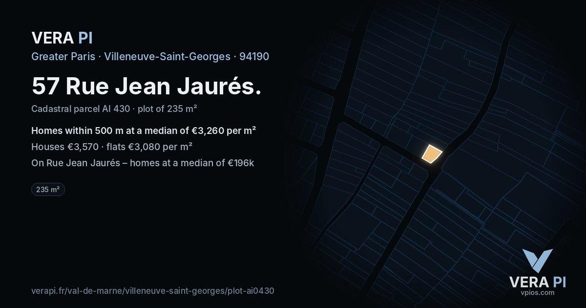 57 Rue Jean Jaurés, Villeneuve-Saint-Georges at night – the plot lit, the parcels around coloured by the prices near them