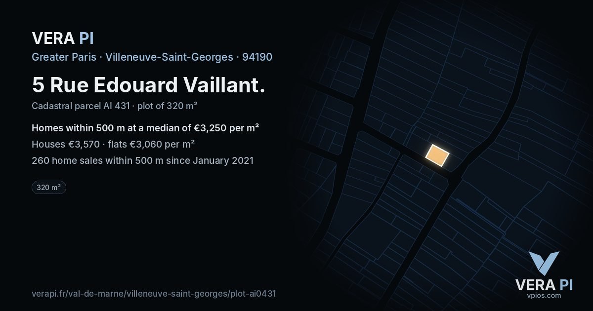 5 Rue Edouard Vaillant, Villeneuve-Saint-Georges at night – the plot lit, the parcels around coloured by the prices near them