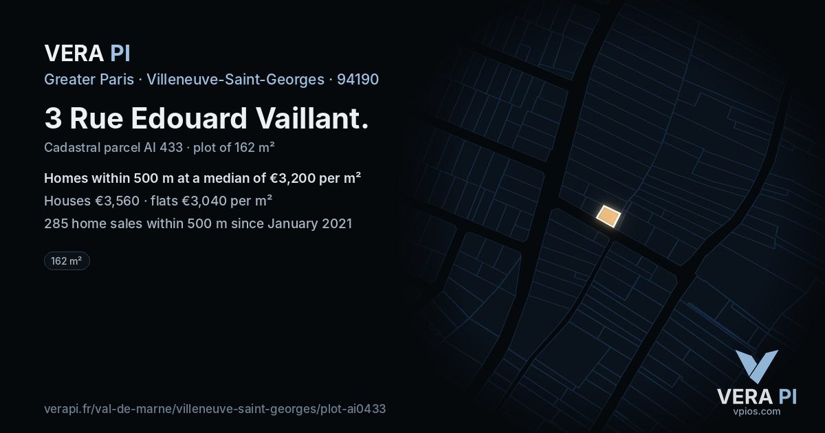 3 Rue Edouard Vaillant, Villeneuve-Saint-Georges at night – the plot lit, the parcels around coloured by the prices near them