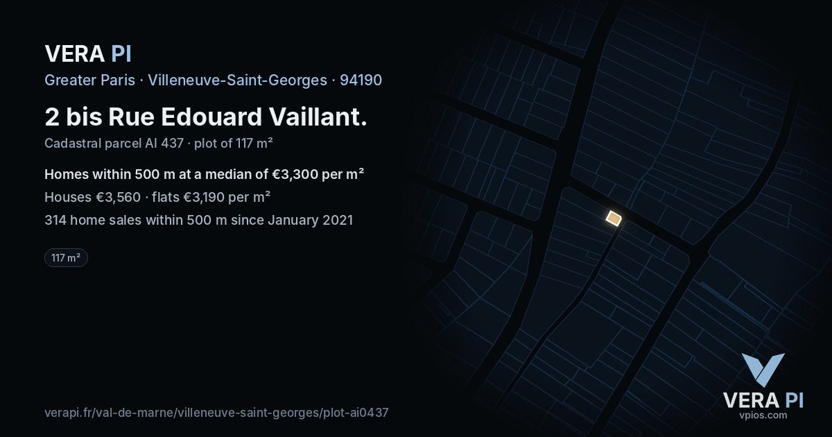2 bis Rue Edouard Vaillant, Villeneuve-Saint-Georges at night – the plot lit, the parcels around coloured by the prices near them
