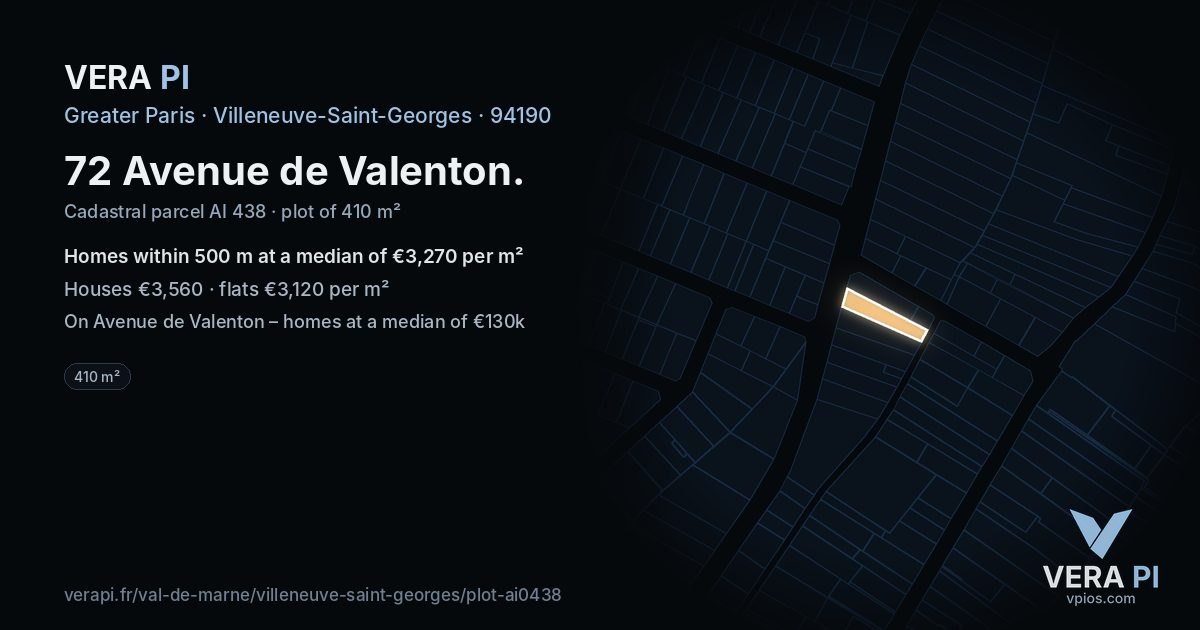72 Avenue de Valenton, Villeneuve-Saint-Georges at night – the plot lit, the parcels around coloured by the prices near them