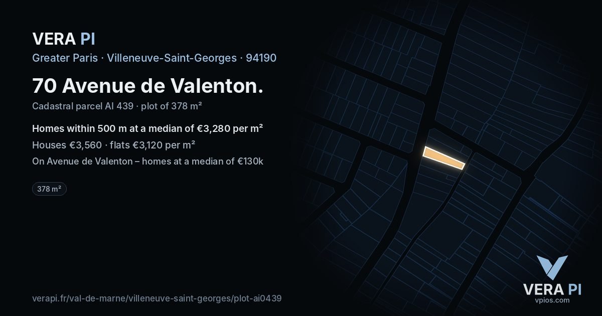 70 Avenue de Valenton, Villeneuve-Saint-Georges at night – the plot lit, the parcels around coloured by the prices near them