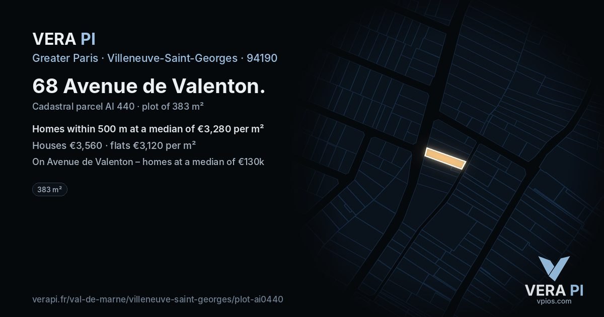 68 Avenue de Valenton, Villeneuve-Saint-Georges at night – the plot lit, the parcels around coloured by the prices near them