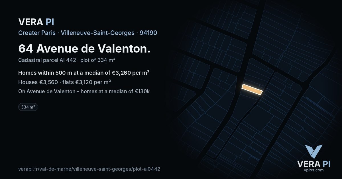 64 Avenue de Valenton, Villeneuve-Saint-Georges at night – the plot lit, the parcels around coloured by the prices near them