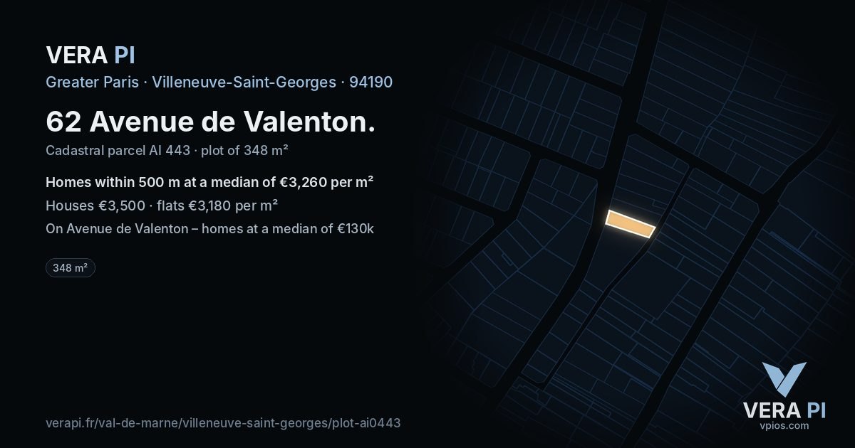 62 Avenue de Valenton, Villeneuve-Saint-Georges at night – the plot lit, the parcels around coloured by the prices near them