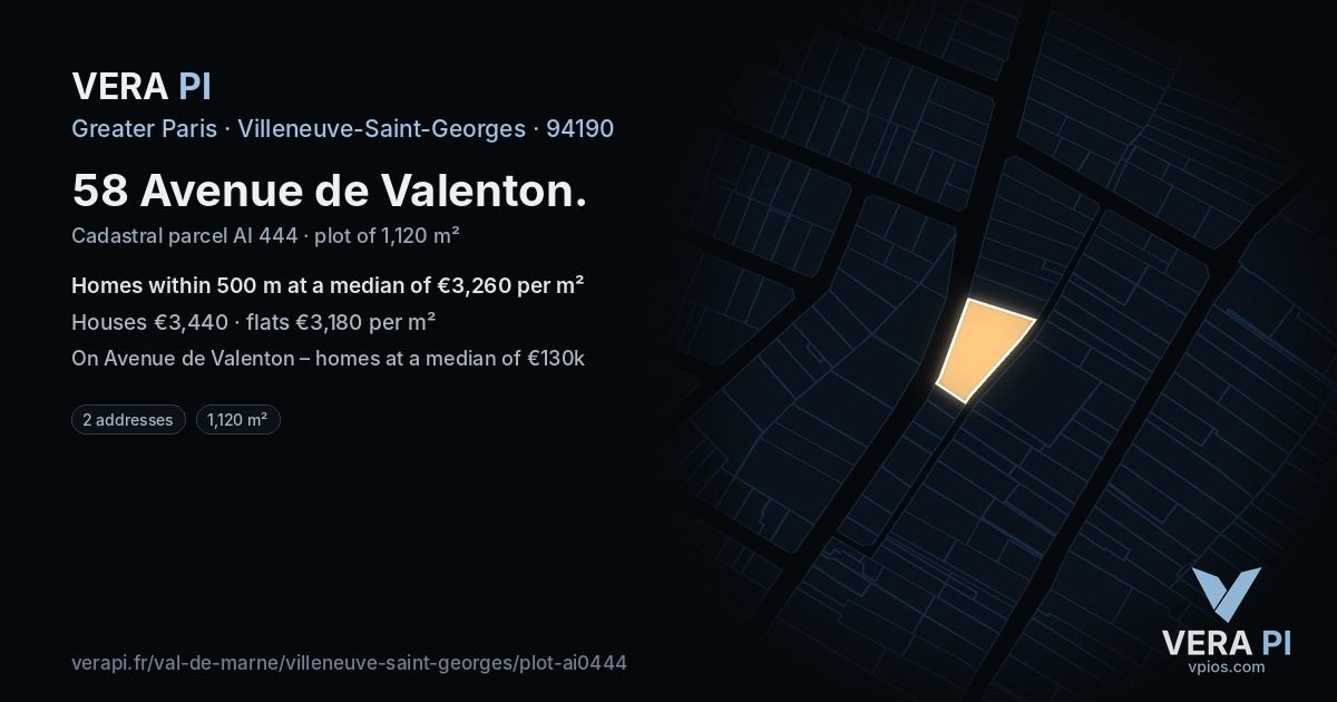 58 Avenue de Valenton, Villeneuve-Saint-Georges at night – the plot lit, the parcels around coloured by the prices near them